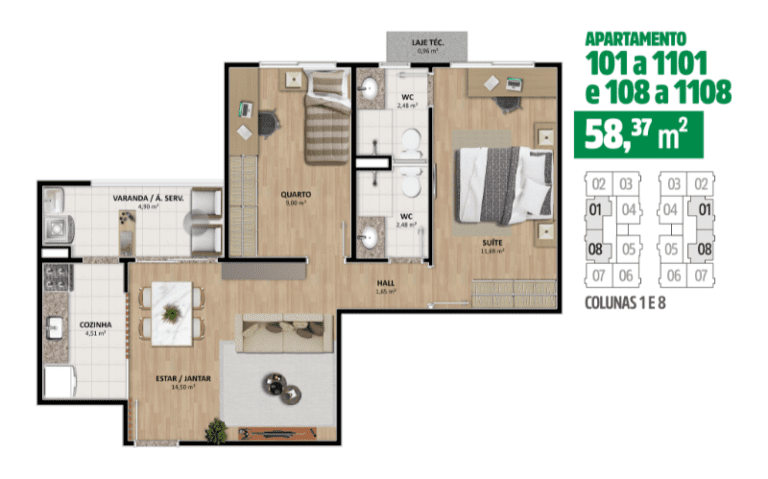 Colunas 1 e 8 58,37 M²