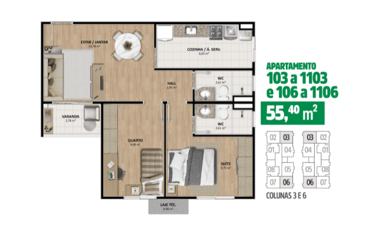 Colunas 3 e 6 55,40 M²